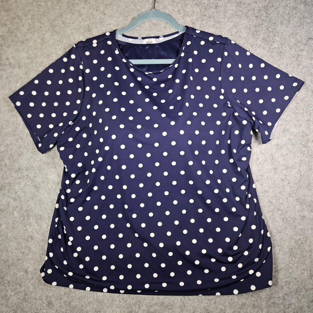 Lands' End Women Navy Polka Dot Swim Top Ruched Rash Guard Vacation Size 18W